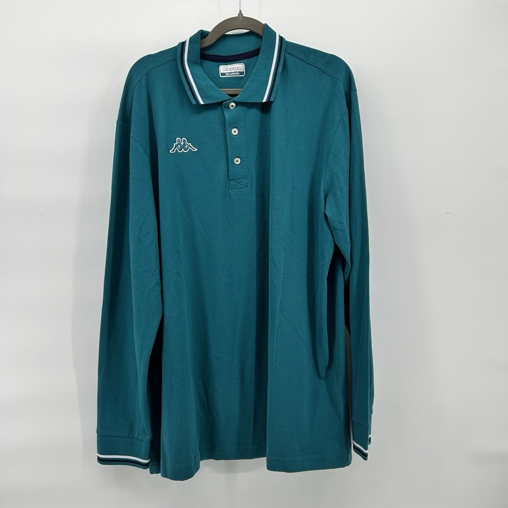 Kappa Polo Shirt Mens XXL Teal Long Sleeve Pique Omini Logo Striped Trim Preppy